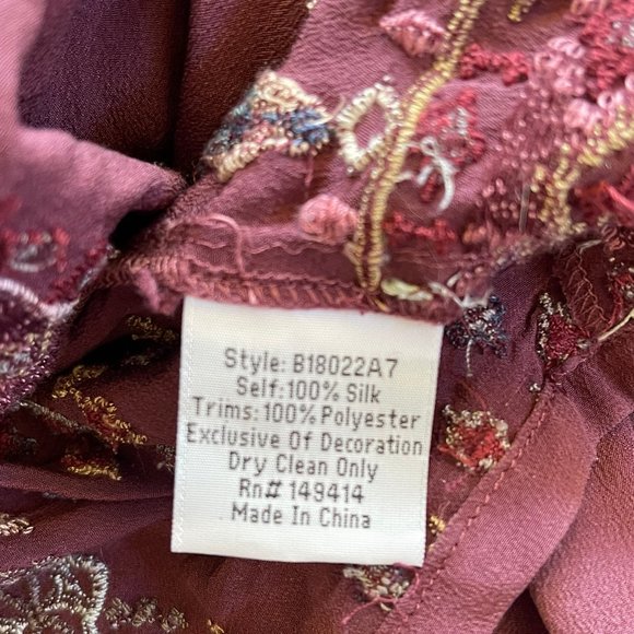 JOHNNY WAS Biya "Deliza" Embroidered Silk Blouse: Wine Colored; SMALL; NWOT! - Picture 9 of 9